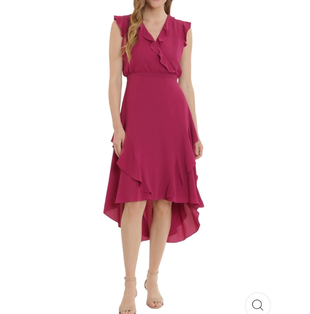 LONDON TIMES BELLA RUFFLE SURPLUS HI-LOW MIDI DRESS / 12 NWT